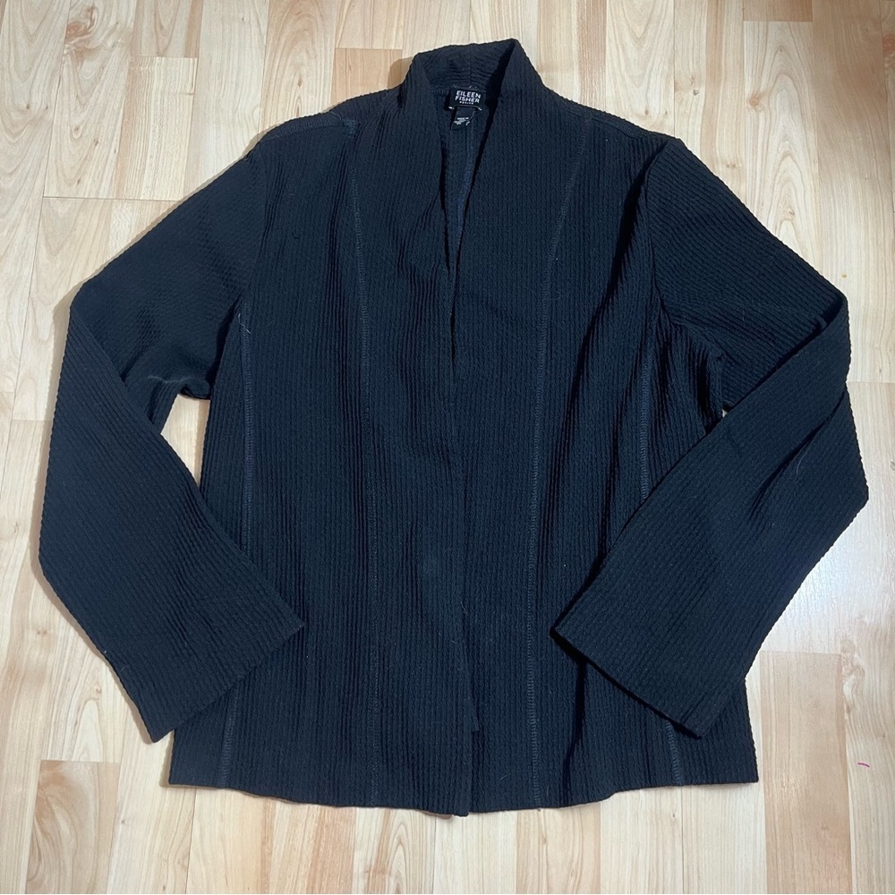 Eileen Fisher black textured ribbed open-front cardigan sweater jacket Size PL